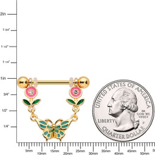 Load image into Gallery viewer, 14G 9/16 Clear Gem Gold Tone Butterfly Flower Nipple Ring Set