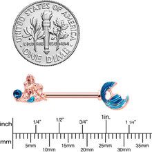 Load image into Gallery viewer, 14G 9/16 Aqua Gem Rose Gold Tone Gazing Mermaids Nipple Ring Set