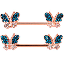 Load image into Gallery viewer, 14G 9/16 Clear Aqua Gem Rose Gold Tone Butterfly Nipple Ring Set