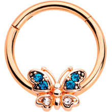 Load image into Gallery viewer, 16G 3/8 Aqua Gem Rose Gold Tone Butterfly Hinged Segment Ring