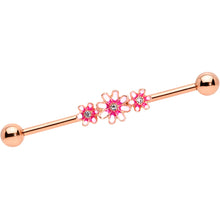 Load image into Gallery viewer, 14G Clear Gem Rose Gold Tone Pink Flowers Industrial Barbell 38mm