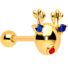 Load image into Gallery viewer, Blue Red CZ Gem Gold Tone Reindeer Christmas Barbell Tongue Ring