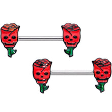 Load image into Gallery viewer, 14G 9/16 Skull Red Roses Valentine Barbell Nipple Ring Set