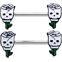 Load image into Gallery viewer, 14G 9/16 Skull White Roses Valentine Barbell Nipple Ring Set