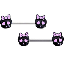Load image into Gallery viewer, 14G 9/16 Heart Bow Black Skull Halloween Barbell Nipple Ring Set