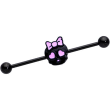 Load image into Gallery viewer, 14G Black Heart Bow Black Skull Halloween Industrial Barbell 38mm