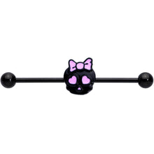 Load image into Gallery viewer, 14G Black Heart Bow Black Skull Halloween Industrial Barbell 38mm