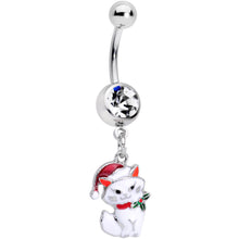 Load image into Gallery viewer, Clear Gem White Cat Santa Hat Christmas Dangle Belly Ring