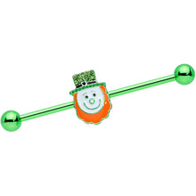 Load image into Gallery viewer, 14G Green Gem Leprechaun St Patricks Day Industrial Barbell 38mm
