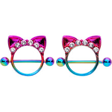 Load image into Gallery viewer, 14G 9/16 Clear Gem Rainbow Kitty Cat Ears Nipple Shield Set