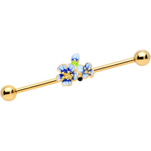 Load image into Gallery viewer, 14G Gold Tone White Blue Flower Industrial Barbell 38mm