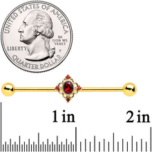 Load image into Gallery viewer, 14G Red Gem Gold Tone Rich Regal Rhombus Industrial Barbell 38mm