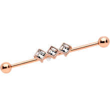 Load image into Gallery viewer, 14G Clear Gem Rose Gold Hue Triple Rhombus Industrial Barbell 38mm