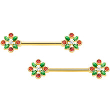Load image into Gallery viewer, 14G 5/8 Red Gem Gold Tone Crest Christmas Barbell Nipple Ring Set