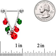 Load image into Gallery viewer, 14G 5/8 Red Green Bell Christmas Chain Dangle Nipple Ring Set