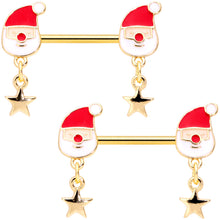 Load image into Gallery viewer, 14G 9/16 Gold Tone Santa Star Christmas Dangle Nipple Ring Set