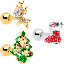 Load image into Gallery viewer, 16G 1/4 Clear CZ Gem Gold Hue Christmas Tragus Earring Set of 3