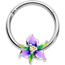 Load image into Gallery viewer, 16G 3/8 Clear Gem Purple Iris Flower Hinged Segment Ring