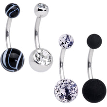 Load image into Gallery viewer, Clear Gem Beauty in Black UV Glow Marbelized Belly Ring Set of 4