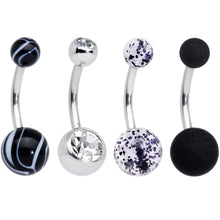 Load image into Gallery viewer, Clear Gem Beauty in Black UV Glow Marbelized Belly Ring Set of 4