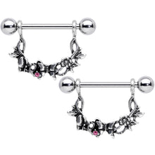 Load image into Gallery viewer, 14G 9/16 Pink Gem Abstract Bow Butterfly Dangle Nipple Ring Set