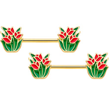 Load image into Gallery viewer, 14G 9/16 Gold Tone Red Tulip Flowers Barbell Nipple Ring Set