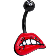 Load image into Gallery viewer, Clear Gem Black Red Sneering Bite Lips Belly Ring