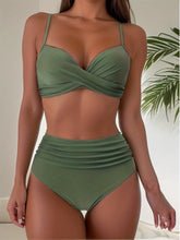 Load image into Gallery viewer, Tropical Vibe High Waist Bikini Set – Flirty V-Neck Swimsuit with Layered Colorblock High Cut Bottom Crisscross Strap Detail & Ultra-Stretch Comfort – Women's Two Piece Swimwear for Summer Beach Pool & Vacation Fun
