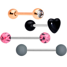 Load image into Gallery viewer, Clear Gem Rose Gold Tone Heart Pink Grey Barbell Tongue Ring Set of 4