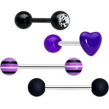 Load image into Gallery viewer, Clear Gem Black Purple Heart Matte Stripe Barbell Tongue Ring Set of 4