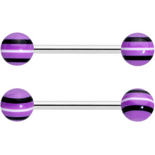 Load image into Gallery viewer, Clear Gem Black Purple Heart Matte Stripe Barbell Tongue Ring Set of 4