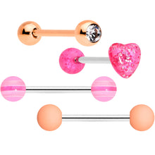 Load image into Gallery viewer, Clear Gem Rose Gold Tone Pink Heart Matte Barbell Tongue Ring Set of 4
