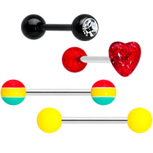 Load image into Gallery viewer, Clear Gem Black Red Glitter Heart Stripes Barbell Tongue Ring Set of 4