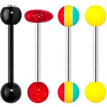 Load image into Gallery viewer, Clear Gem Black Red Glitter Heart Stripes Barbell Tongue Ring Set of 4