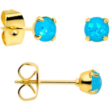Load image into Gallery viewer, 20G Blue Faux Opal Gold Tone 3mm to 5mm Stud Earrings Set of 3