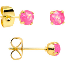 Load image into Gallery viewer, 20G Pink Faux Opal Gold Tone 3mm to 5mm Stud Earrings Set of 3