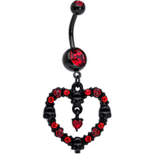 Load image into Gallery viewer, Red CZ Gem Black Skull Heart Halloween Dangle Belly Ring