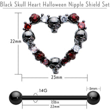 Load image into Gallery viewer, 14G 7/8 Red CZ Gem Black Skull Heart Halloween Nipple Shield Set