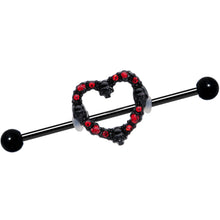 Load image into Gallery viewer, 14G Red CZ Gem Black Skull Heart Halloween Industrial Barbell 38mm