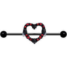 Load image into Gallery viewer, 14G Red CZ Gem Black Skull Heart Halloween Industrial Barbell 38mm