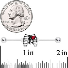 Load image into Gallery viewer, 14G Red CZ Gem Heart Skeleton Halloween Industrial Barbell 38mm