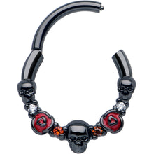 Load image into Gallery viewer, 16G 3/8 Red Clear CZ Gem Black Skull Halloween Hinged Segment Ring