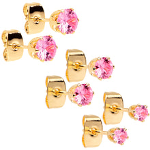 Load image into Gallery viewer, 20G Pink CZ Gem Gold Tone 3mm to 5mm Post Stud Earring Set of 3
