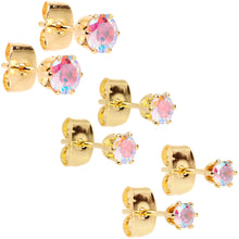 Load image into Gallery viewer, 20G Aurora CZ Gem Gold Tone 3mm to 5mm Post Stud Earring Set of 3