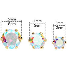 Load image into Gallery viewer, 20G Aurora CZ Gem Gold Tone 3mm to 5mm Post Stud Earring Set of 3