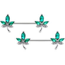 Load image into Gallery viewer, 14G 9/16 Clear Green Gem Pot Leaf Barbell Nipple Ring Set
