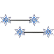 Load image into Gallery viewer, 14G 9/16 Clear CZ Gem Blue Snowflake Barbell Nipple Ring Set