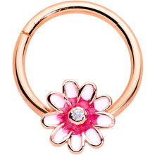 Load image into Gallery viewer, 16G 3/8 Clear Gem Rose Gold Tone Pink Flower Hinged Segment Ring