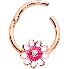 Load image into Gallery viewer, 16G 3/8 Clear Gem Rose Gold Tone Pink Flower Hinged Segment Ring