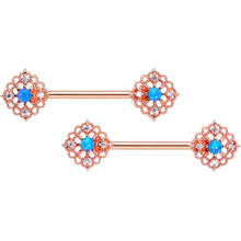 Load image into Gallery viewer, 14G 9/16 Blue Synthetic Opal Rose Gold Tone Lacy Nipple Ring Set